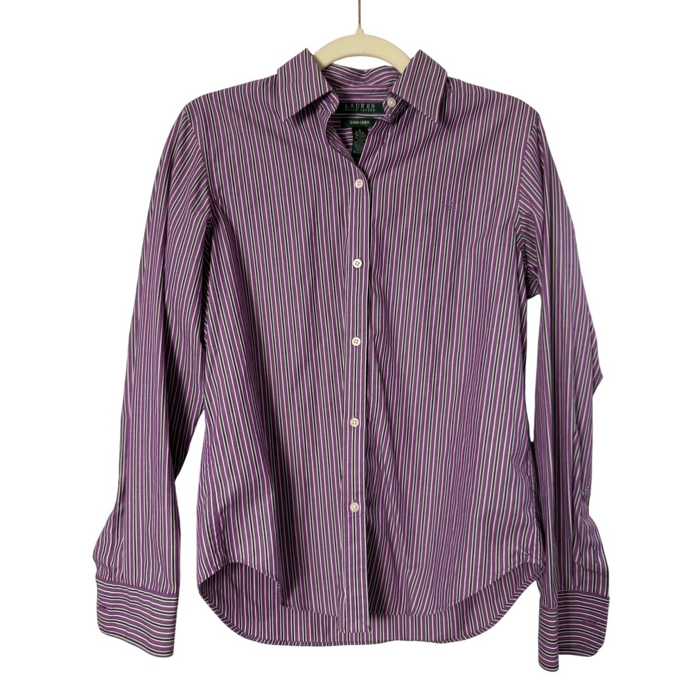 Lauren Ralph Lauren Button Down Women S Purple Excellent Striped Non-Iron Shirt